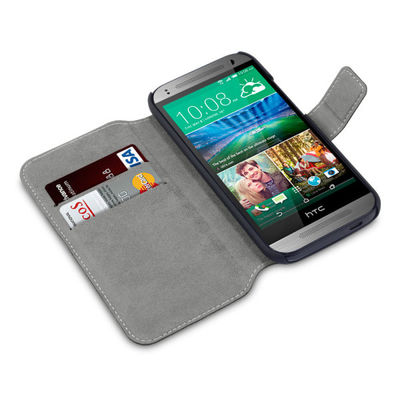 Caixa magro preta do telemóvel da carteira HTC do couro do plutônio com o titular do cartão para HTC um mini 2